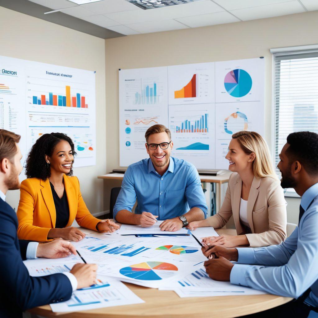 A collage of diverse adults discussing their insurance options in a modern office setting, featuring charts and documents on the table. Emphasize a friendly insurance agent explaining tailored solutions, with visuals of different policies and benefits around them. A warm and inviting atmosphere, showcasing people of various ages and backgrounds. super-realistic. vibrant colors. professional environment.
