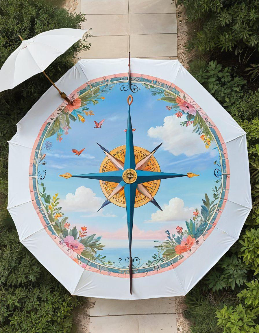 A serene landscape depicting a compass and an umbrella symbolizing protection, with a winding path leading through diverse marketing icons representing specialty insurance options. Soft pastel colors evoke calmness and clarity, while a distant horizon signifies a sense of peace. super-realistic. vibrant colors. white background.
